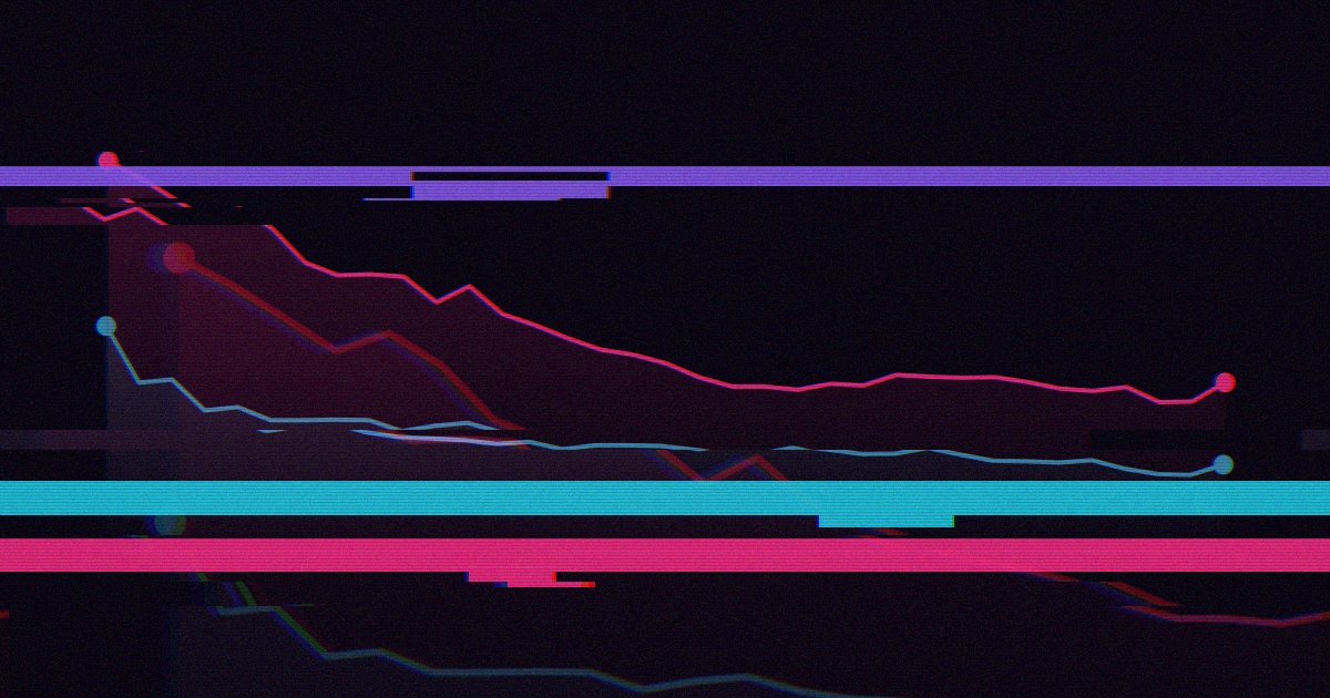 Dos líneas caen de forma sostenida, una magenta arriba y una cian abajo, sin ejes ni cifras, cruzadas por barras de neón, bandas desplazadas y ruido de señal, como una transmisión rota. Es la versión glitch del gráfico que cierra el texto: el precio minorista y el mayorista de la cocaína en Europa.